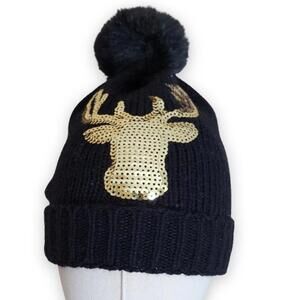 Black/Gold Sequin Reindeer Pom Beanie